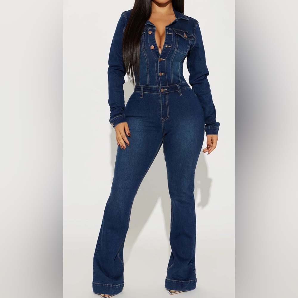 Fashion Nova Dark Blue Denim Jumpsuit